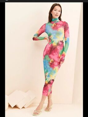 AFRM multi color maxi long sleeve mesh dress with attached slip